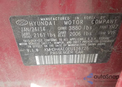 2014 Hyundai Elantra Se from USA, damaged, VIN KMHDH4AE0EU116726